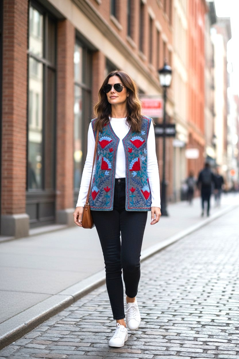 Velvet Suzani Embroidered Gillet -Blue - Grey