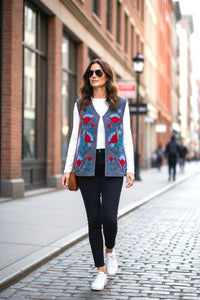 Velvet Suzani Embroidered Gillet -Red