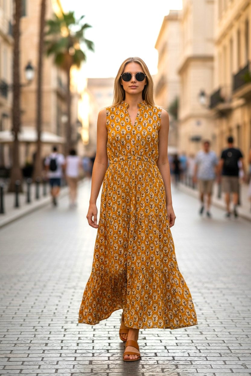 Mustard yellow Floral Cotton Long Dress - sleeveless
