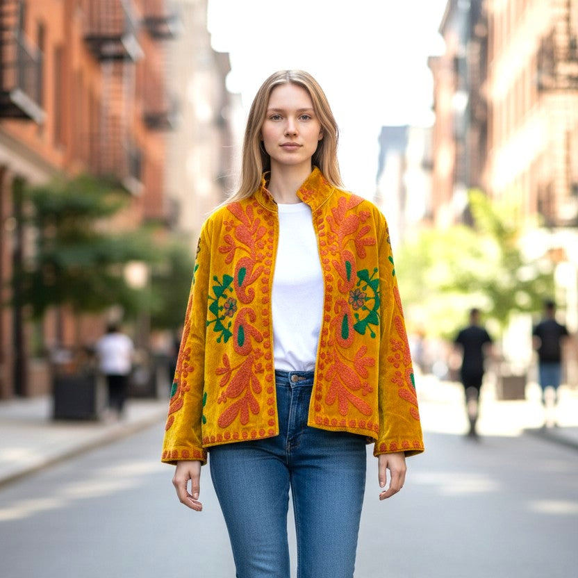 A woman walking down a city street wearing a vibrant yellow and orange embroidered jacket over a white t-shirt, blue jeans, and white sneakers.