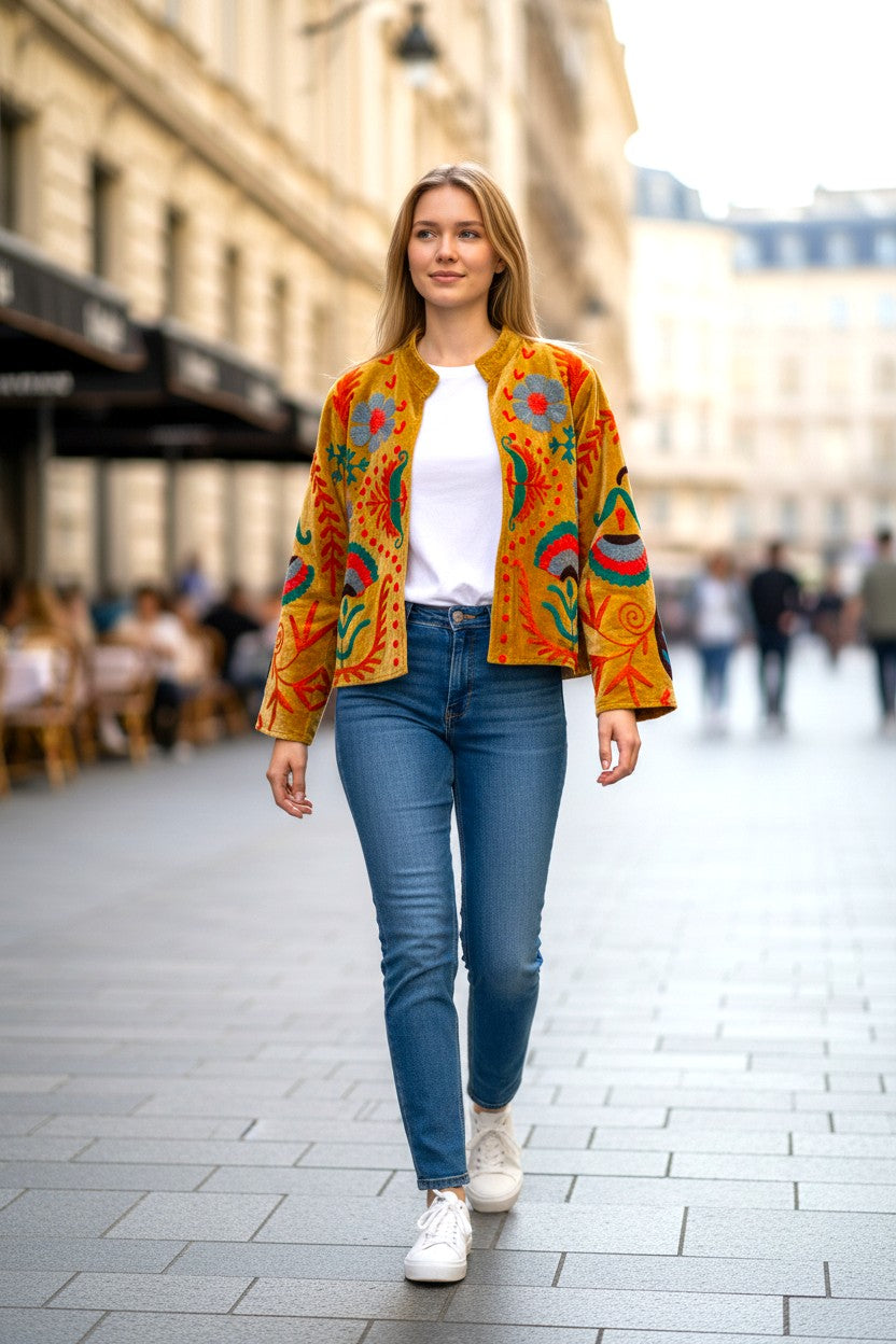 Velvet Suzani Embroidered Jacket Mustard