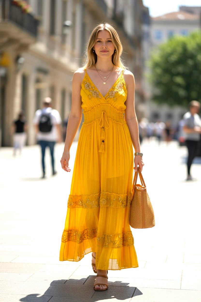 Robe multicolore en soie et viscose